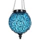 Exhart Solar Round Glass and Metal Hanging Lantern with 15 LED Fairy Firefly String Lights, 7 by 21 Inches