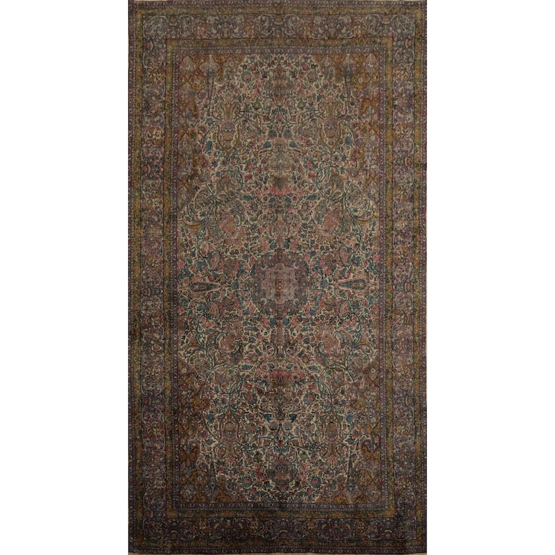 Hand Knotted Oriental 100% Wool Carpet Traditional Floral Beige & Ivories Kerman Area Rug - 15' 2'' X 8' 6''