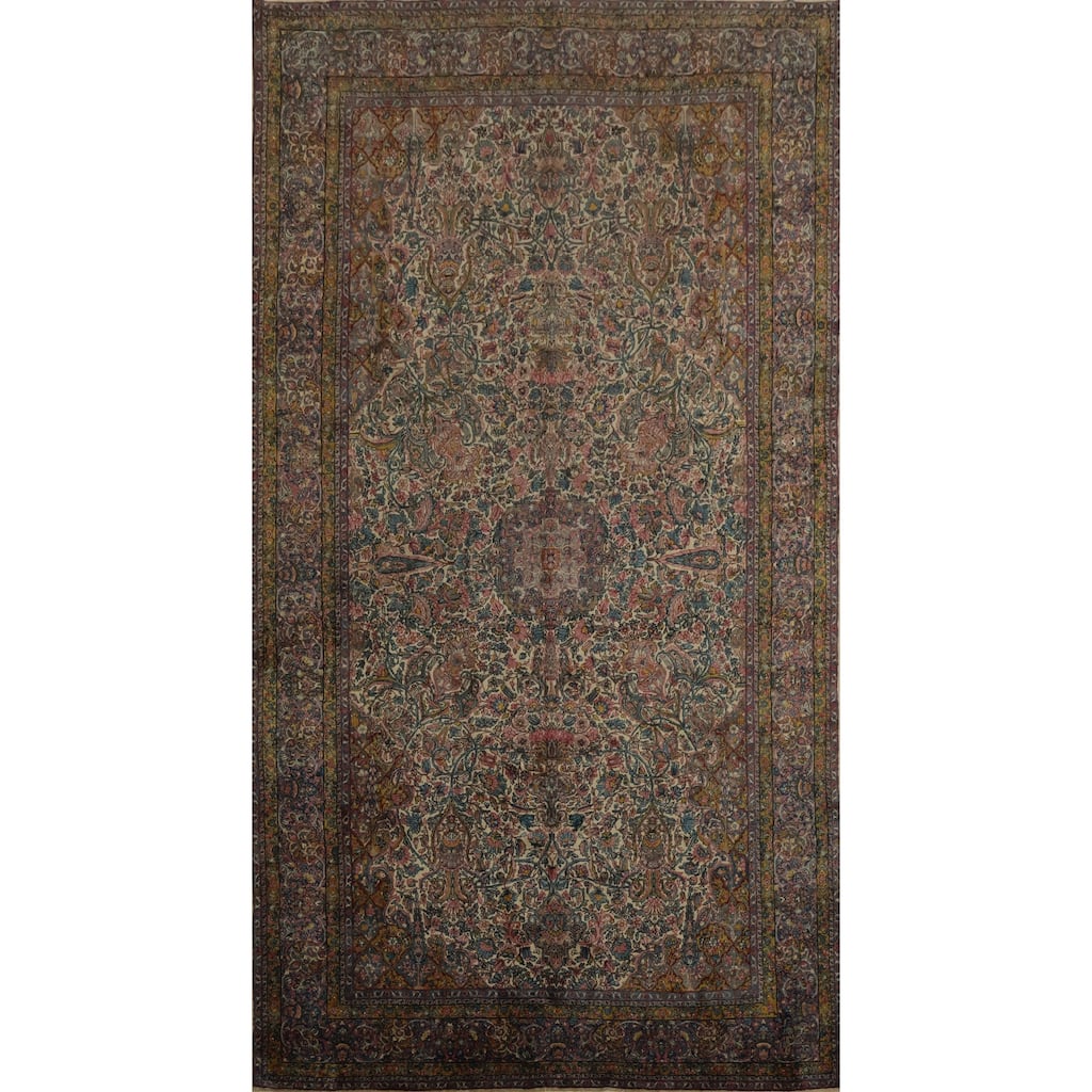 Hand Knotted Oriental 100% Wool Carpet Traditional Floral Beige & Ivories Kerman Area Rug - 15' 2'' X 8' 6''