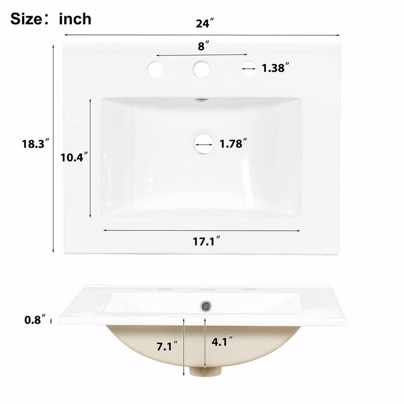 24" Modern Bathroom Vanity with Ceramic Sink, Soft-Close Door, Double-Layer Door Shelf & 3 Drawers
