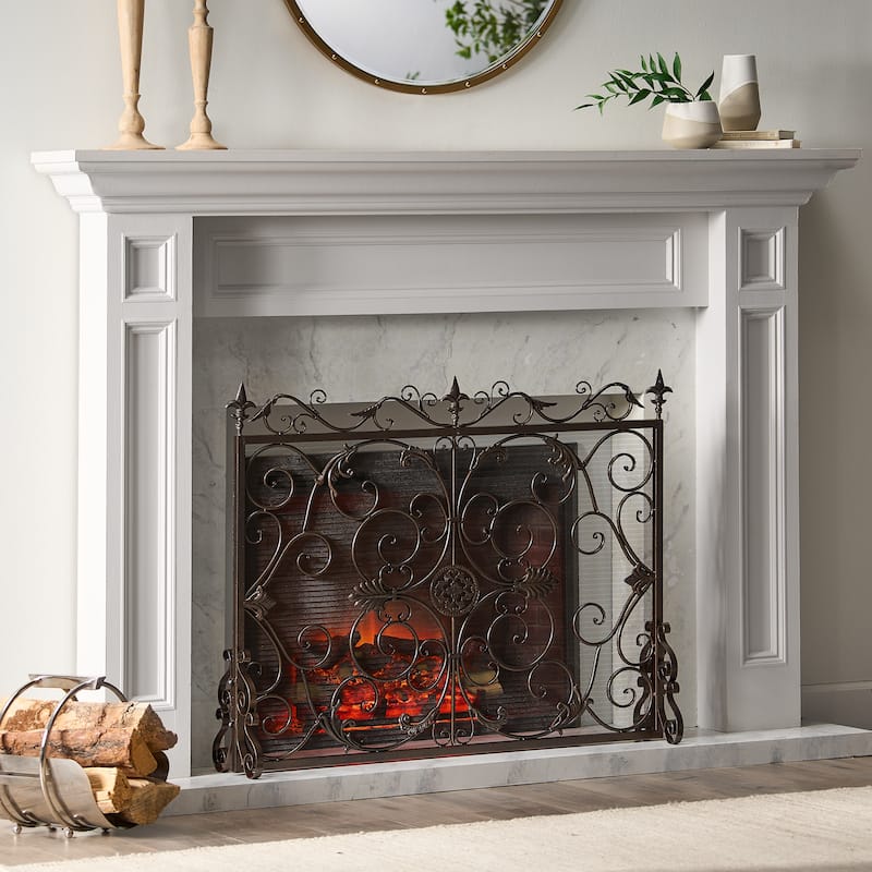 Roomfitters Iron Fireplace Screen, Ornate Scrollwork Spark Guard, Decorative Mesh Metal Fireguard for Hearth Safety, Brown - Golden Black