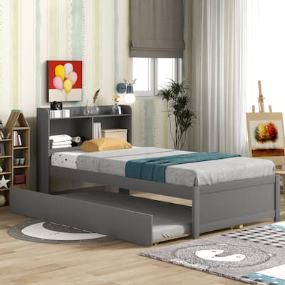 Full/Twin Storage Bed with Trundle and Bookcase Headboard, Pine Wood Bed Frame with Shelves, Space-Saving Design