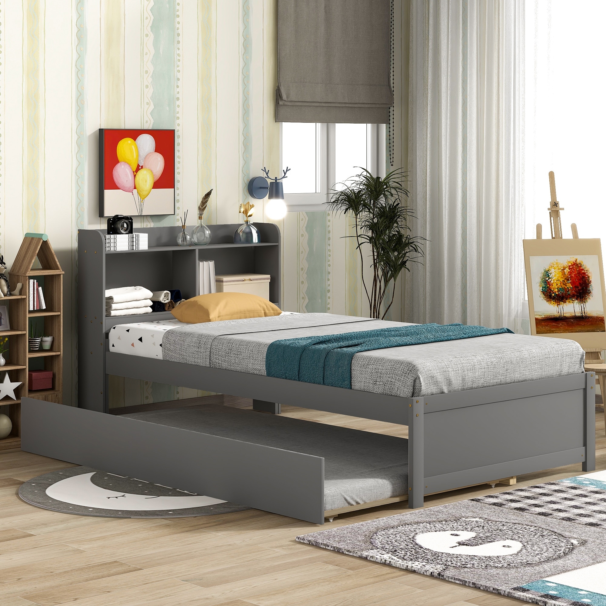 Grey Twin Size Platform Bed with Bookcase Headboard, Trundle, and Storage, Space-Saving Design, No Box Spring Needed