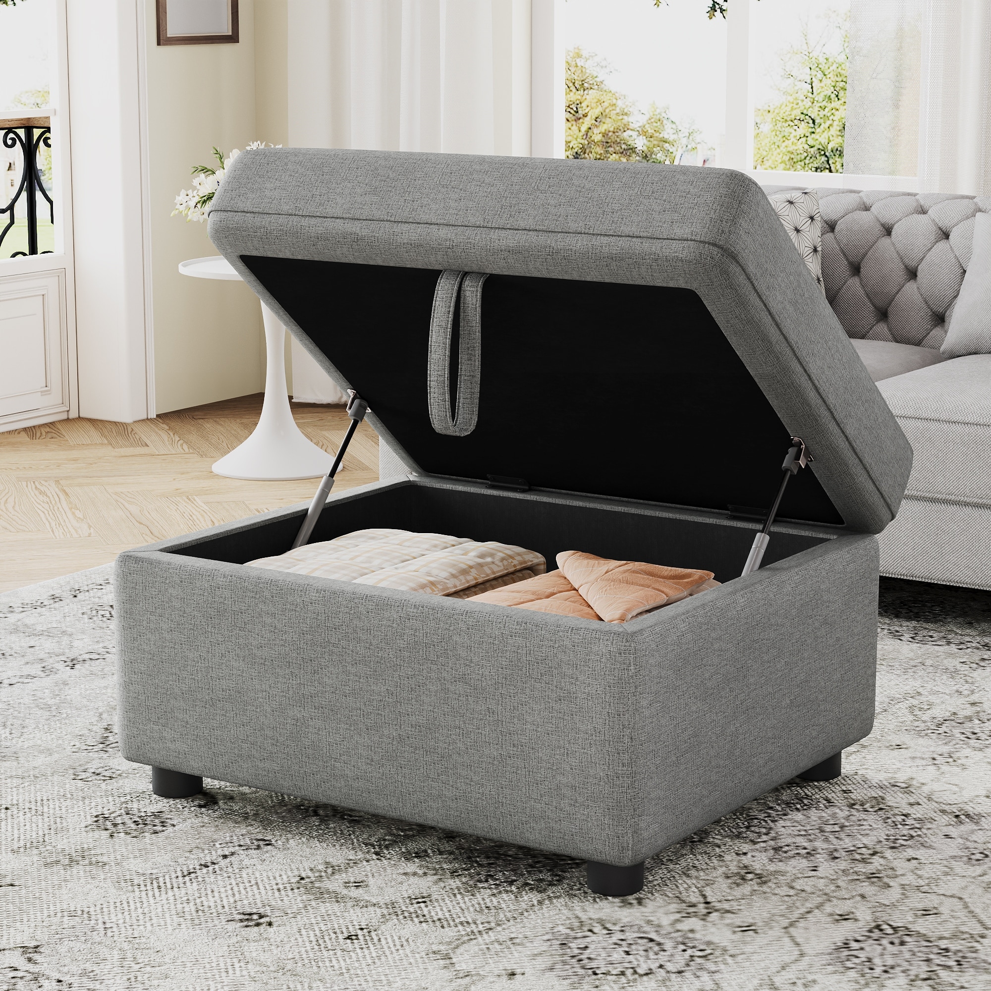 Roomfitters Large Storage Ottoman Footrest, Plush Chenille Fabric with Hidden Compartment for Living Room, Beige