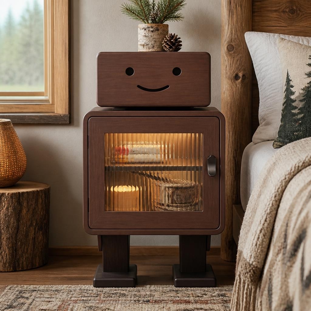 Mid Century Modern Wood Robot Nightstand with Rotating Drawer