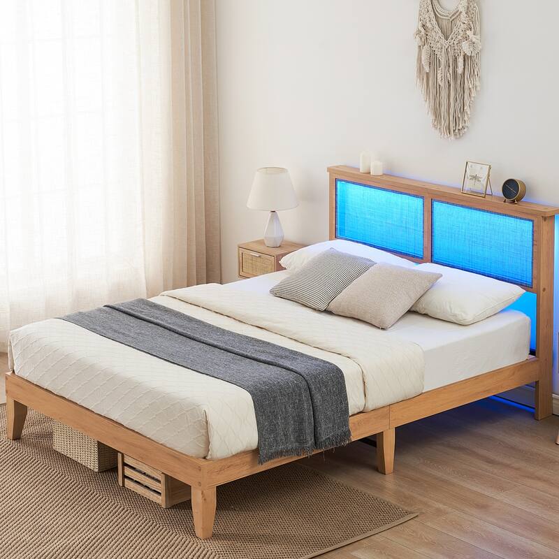 Bed Frame with Natural Rattan Headboard, LED Lights, No Box Spring Needed
