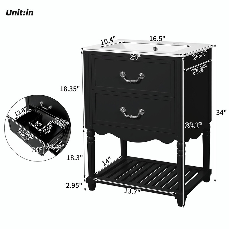 24'' Vintage Bathroom Vanity with Ceramic Sink, Freestanding Cabinet with 2 Drawers, Open Shelf