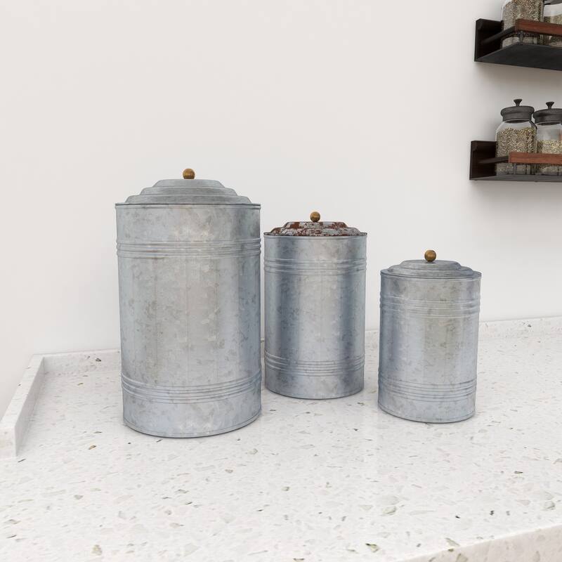 Gray Metal Galvanized Ribbed Living Room Decorative Jars with Gold Ball Knobs (Set of 3)
