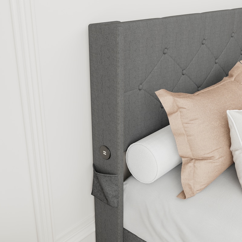 Wingback Upholstered Bed Low Profile Platform Bed Frame with USB Ports, Side Pockets and Hydraulic Lifting Storage
