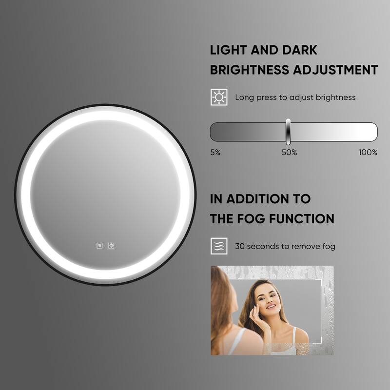 Black Framed 3 Color LED Mirror with Defogger Wall Bath Vanity Mirror