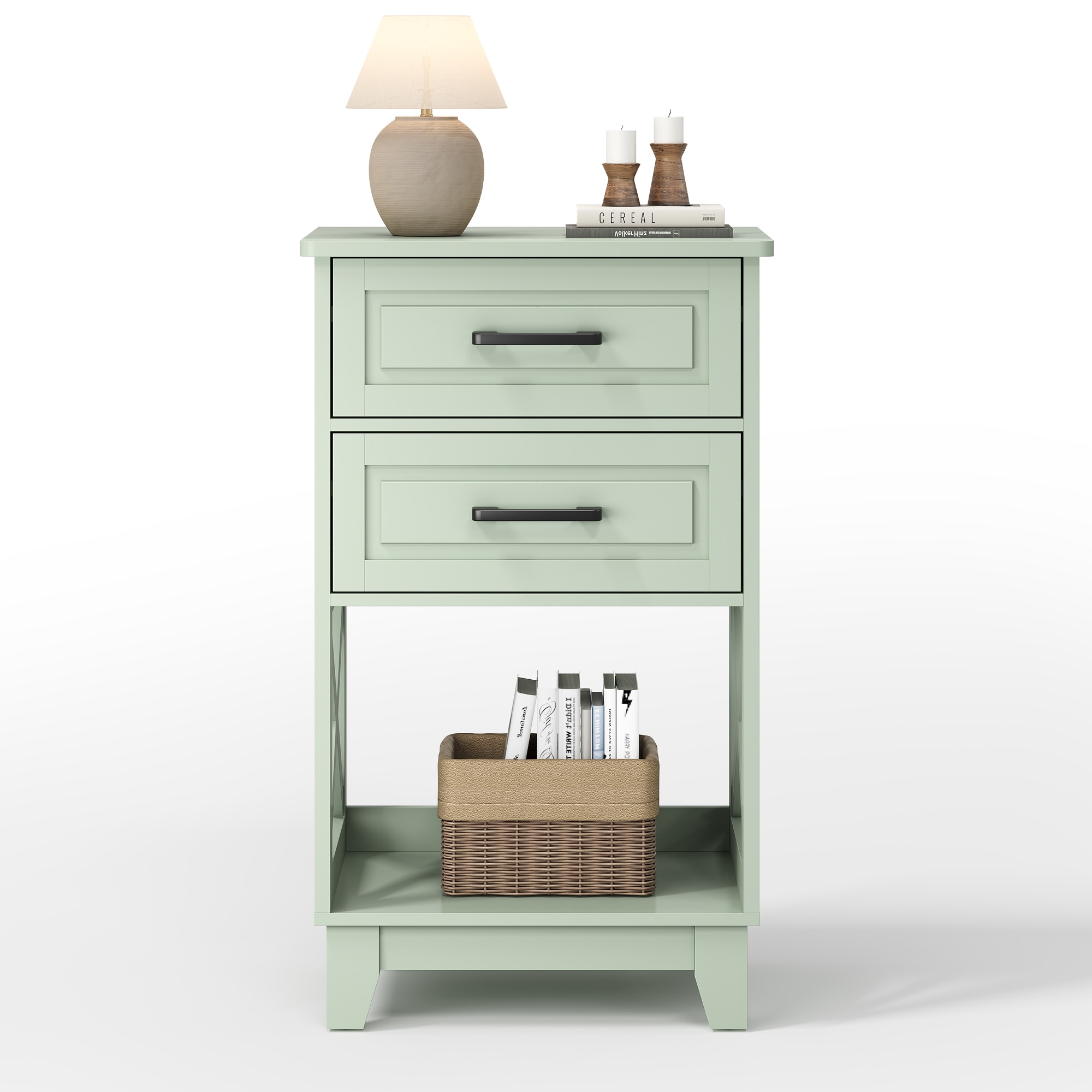 Tall Nightstand with 2 Drawers and Open Shelf Below