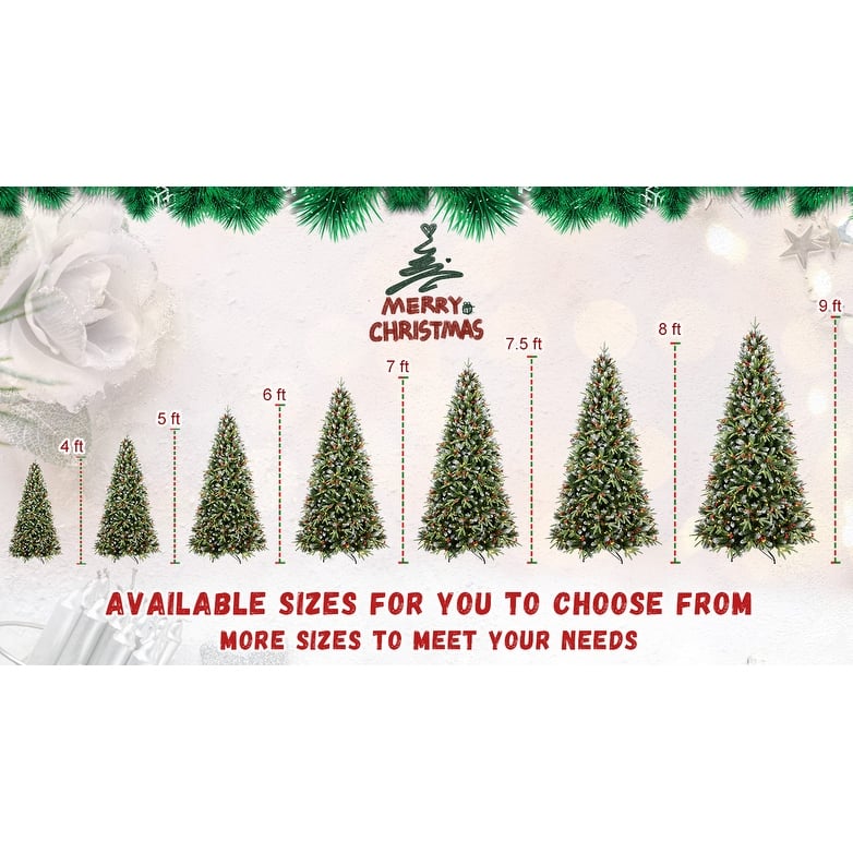 5FT Christmas Tree with 250 Warm White LED Lights-1131 Snow-Tipped PE+PVC Branches, Red Berries&Pine Cones,Hinged Design