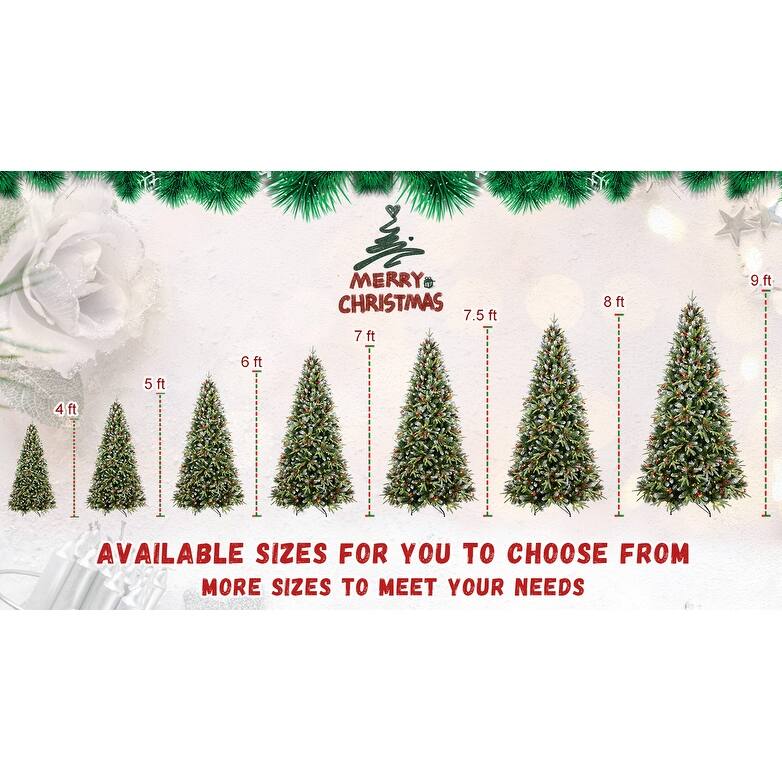 8FT Christmas Tree with 600 Warm White LED Lights-2850 Snow-Tipped PE+PVC Branches, Red Berries & Pine Cones,Hinged Design