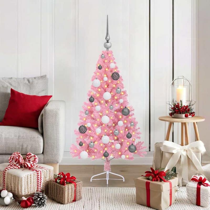 vidaXL Christmas Tree with Decorative String Lights - Pink with LEDs and white/grey balls - 4 Foot