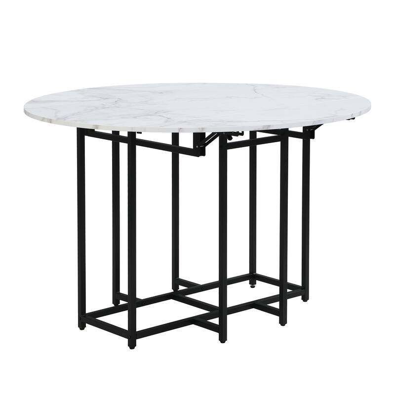 5-Piece Extendable Kitchen Dining Table Set- Round Faux Marble Top, 4 Upholstered Chairs, Compact Foldable Design