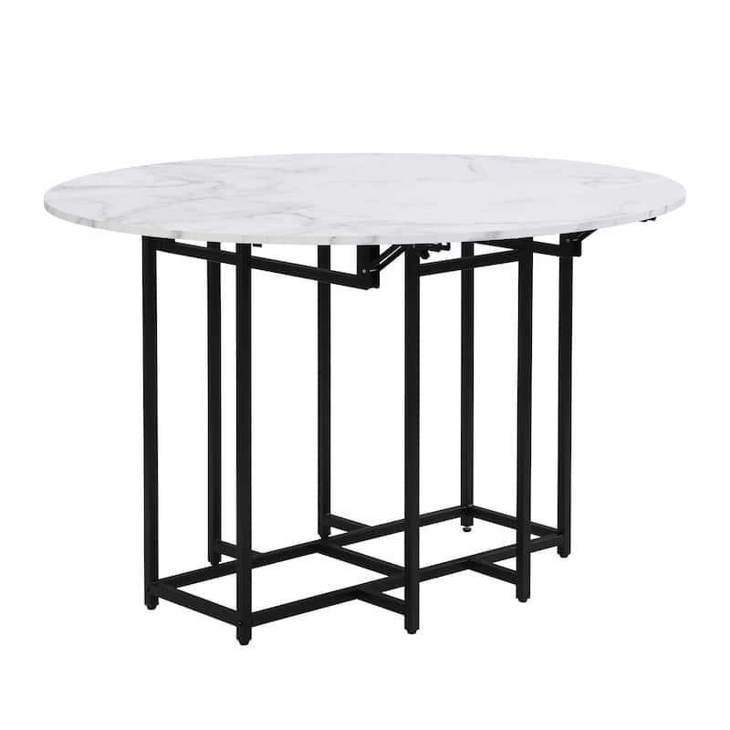 Roomfitters Space-Saving 5-Piece Extendable Dining Table Set with Round Faux Marble Top, 4 Upholstered Chairs