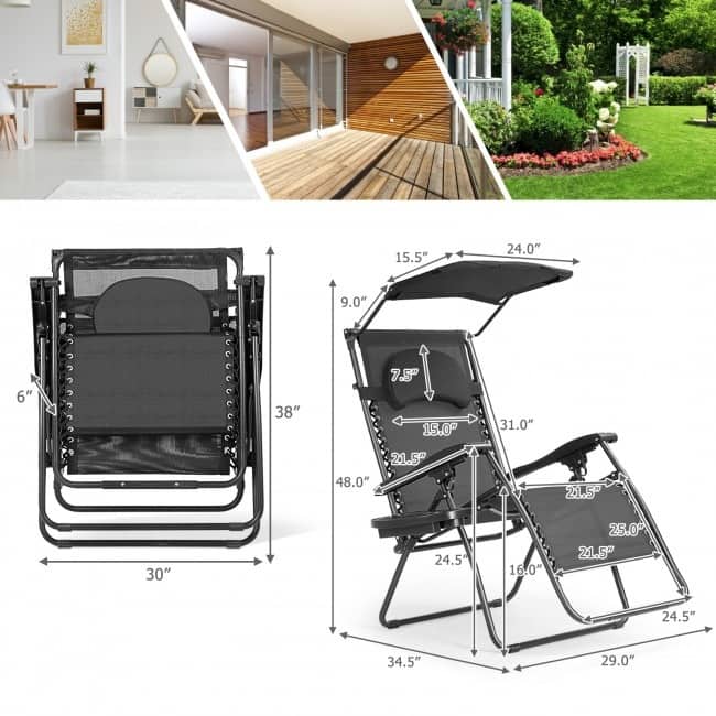 Folding Recliner Lounge Chair w/ Shade Canopy Cup Holder - Gray