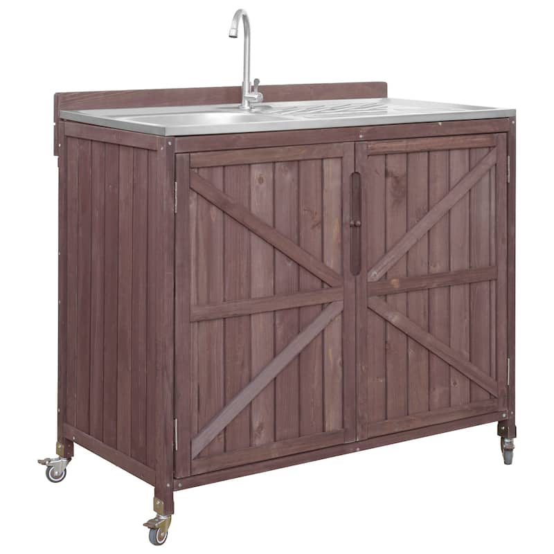 39.4" Rolling Outdoor Kitchen Island with 304 Stainless Steel Sink, Faucet & Cabinet for Pizza Prep