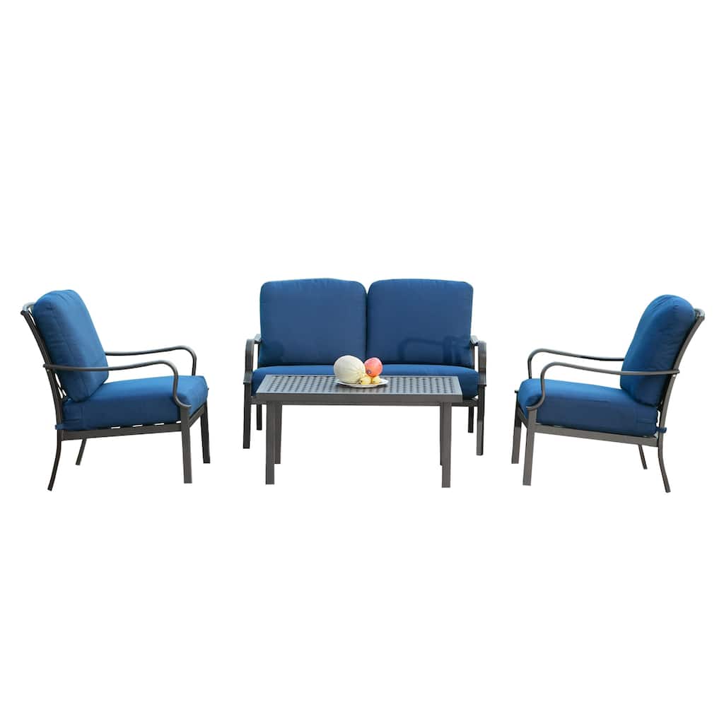 Outdoor 4 pcs Patio Conversation Set, Metal Dining Table and Chairs Dining Set with Removable Cushions for Garden Lawn Yard