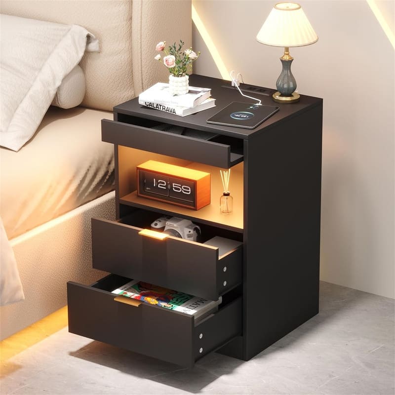 Bedside Table with Charging Station - Black