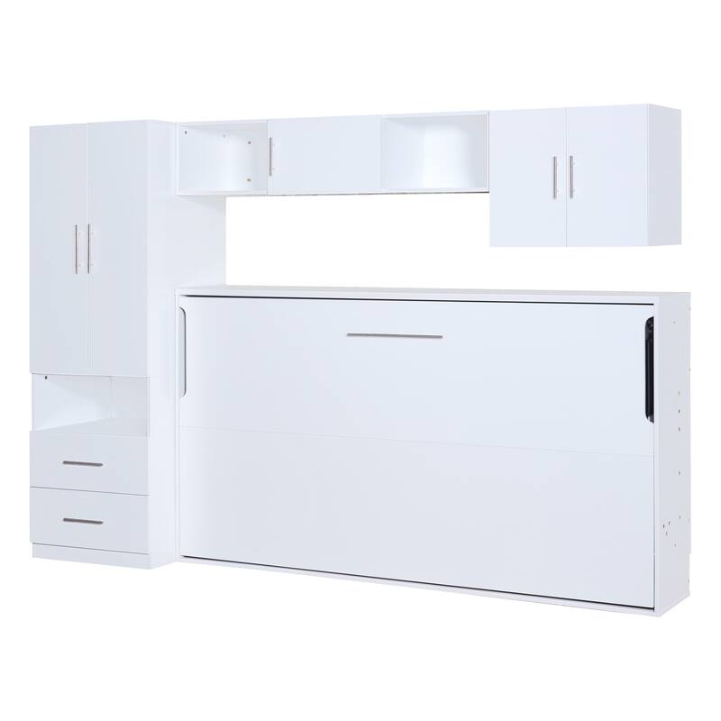 Twin Size Murphy Bed with Open Shelves, Storage Drawers & Wardrobe