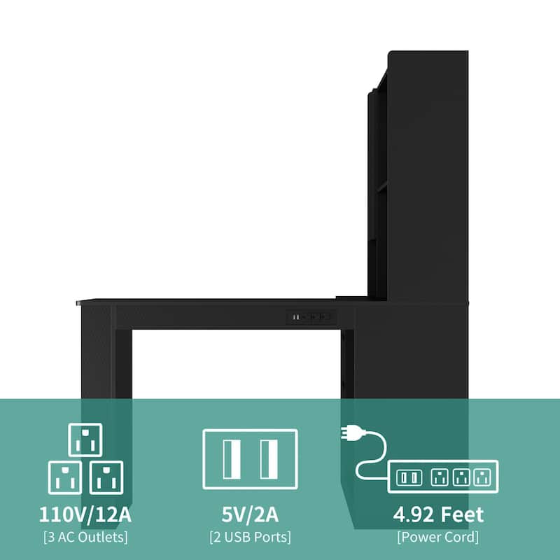 L Shaped Computer Desk with Drawers and Bookshelf, Corner Desk with LED Light and Power Outlets for Home Office