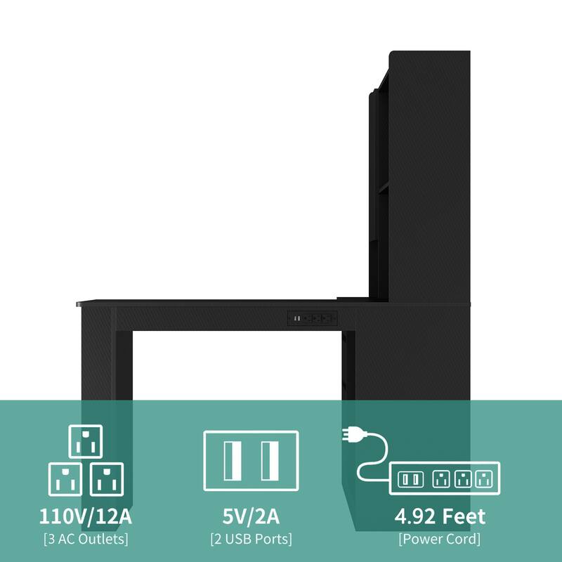 Roomfitters Modern L Shaped Computer Desk with LED Light & Hutch, Corner Workstation with Drawers, Pegboard & Shelves