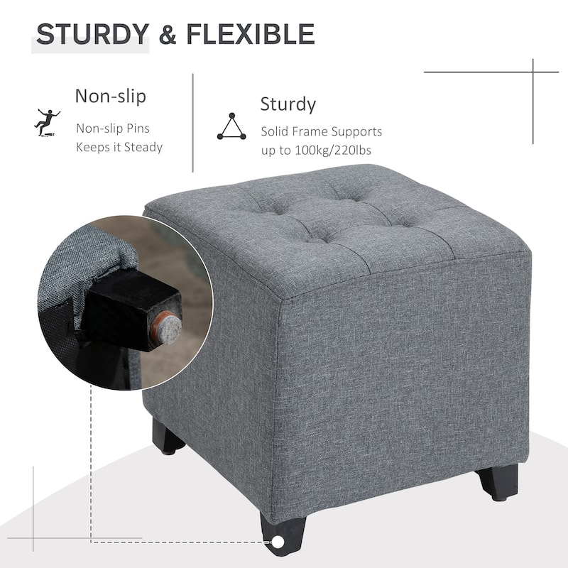 HOMCOM Tufted Ottoman Linen-Touch Fabric Upholstered Footrest Stool with Anti-Slip Pads