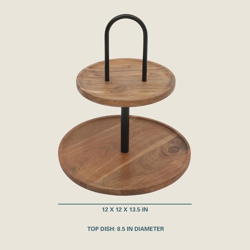 Gibson Home Gracious Dining 2-Tier Round Acacia Wood Serving Tray - 12" x 12" x 13.5"