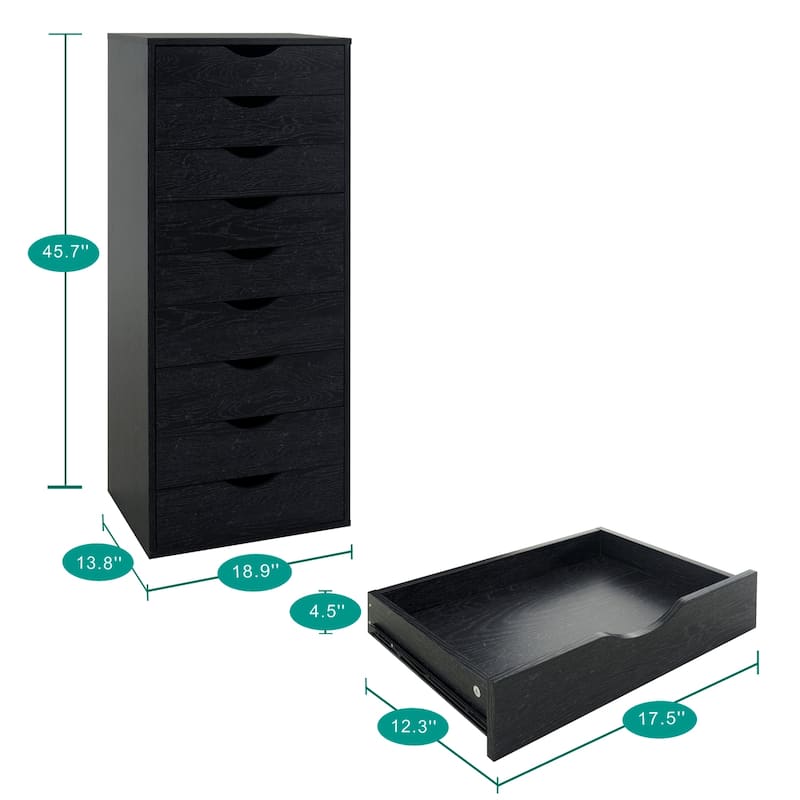 Narrow Wooden 9-Drawer Cabinet with Smooth-Glide Drawers and Top Storage Shelf