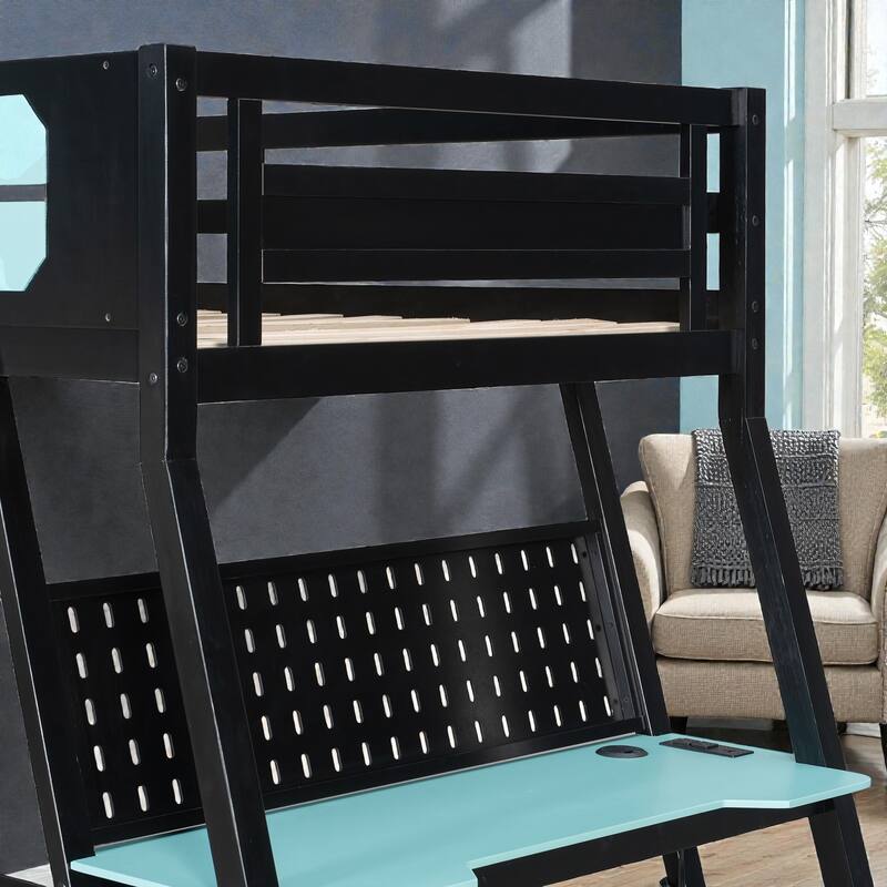 Twin/Full Gaming Bunk Bed with Dual Desks, USB Charging Ports and Pegboard Organizer, Gamer Bunk Frame