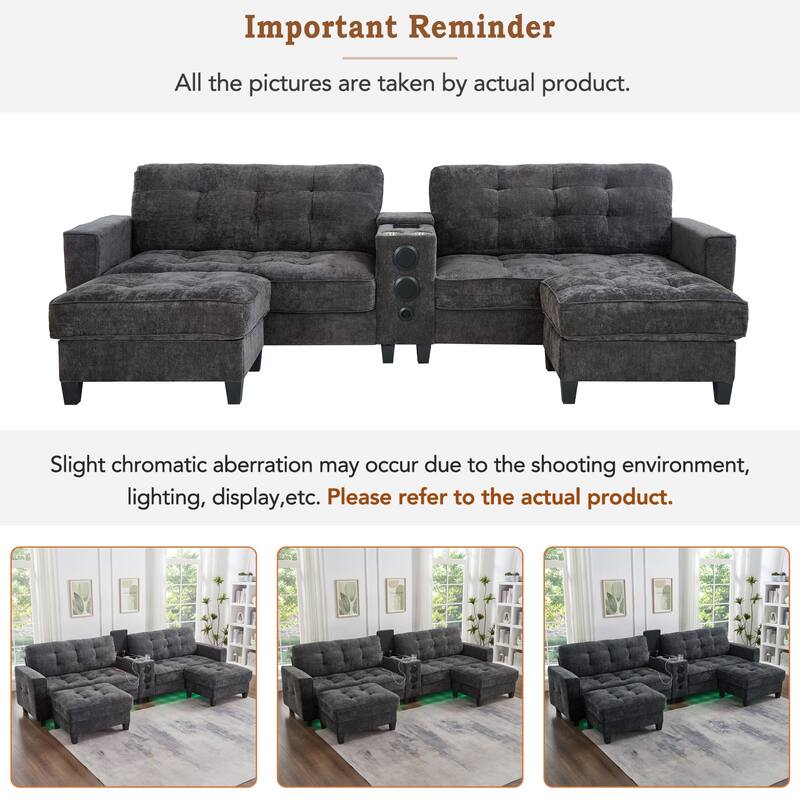 126" U-Shaped Sectional Sofa with Storage Ottomans & Bluetooth Speakers - Modular Couch with LED Lights, Console