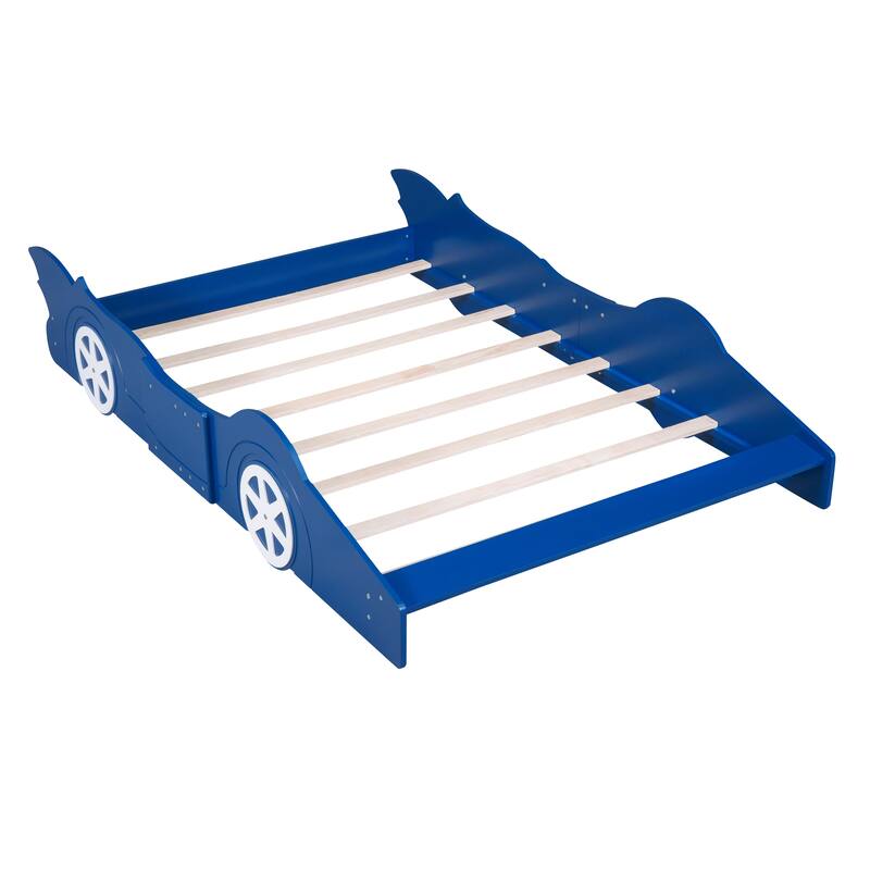 Full Size Race Car Platform Bed with Wheels in Blue