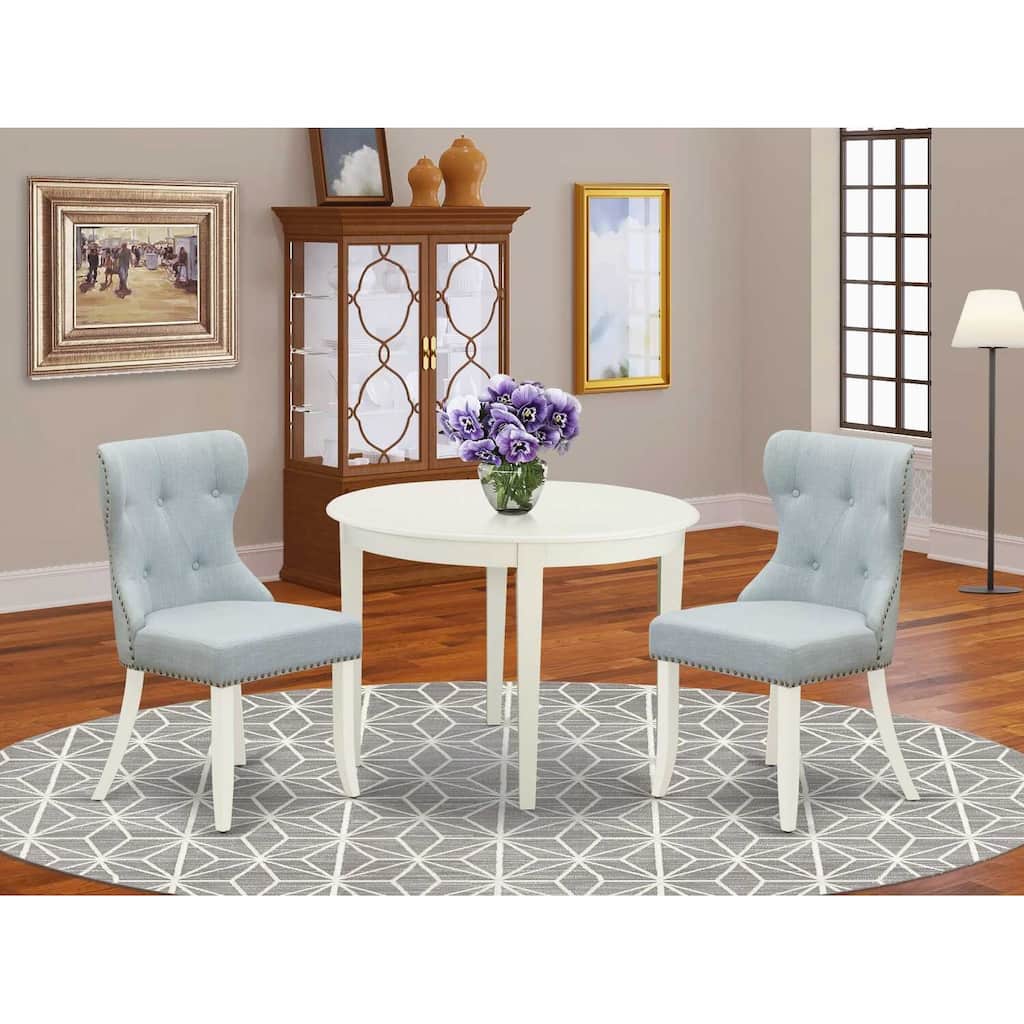Rustic Dining Set - Kitchen Table & 2 Chairs - Linen Fabric - Round Table - Modern Farmhouse Style