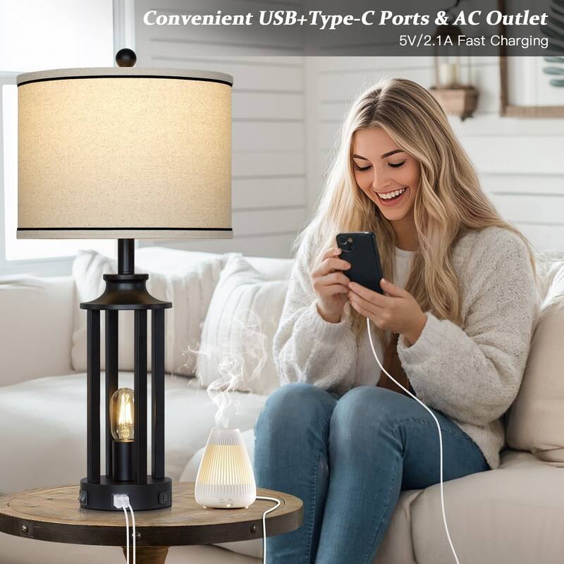 27.5'' Black Industrial Table Lamp with USB-C & AC Outlet, Dual Lighting, Metal Frame(Set of 2) - 12.5''x 12.5'' x 27.5''