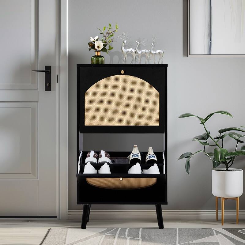 Rattan Shoe Cabinet with 2 / 4 Flip Drawers, Narrow Shoe Storage Cabinet,Organizer for Entryway, Bedroom, Living Room