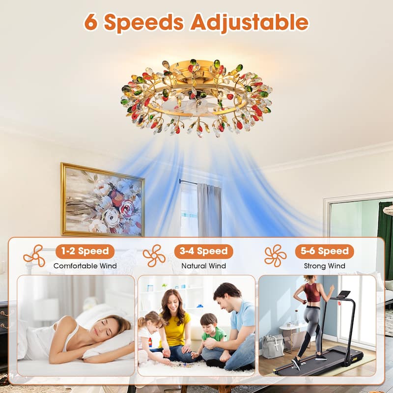 23" Modern Gold 4-Light Crystal Low-Profile Flush Mount Ceiling Fan with Remote