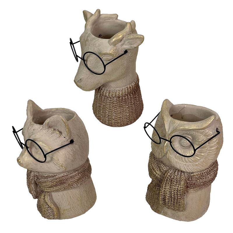 Set Of 3 Bespectacled Animal Vases Fox Owl Deer Gold Accent Knit