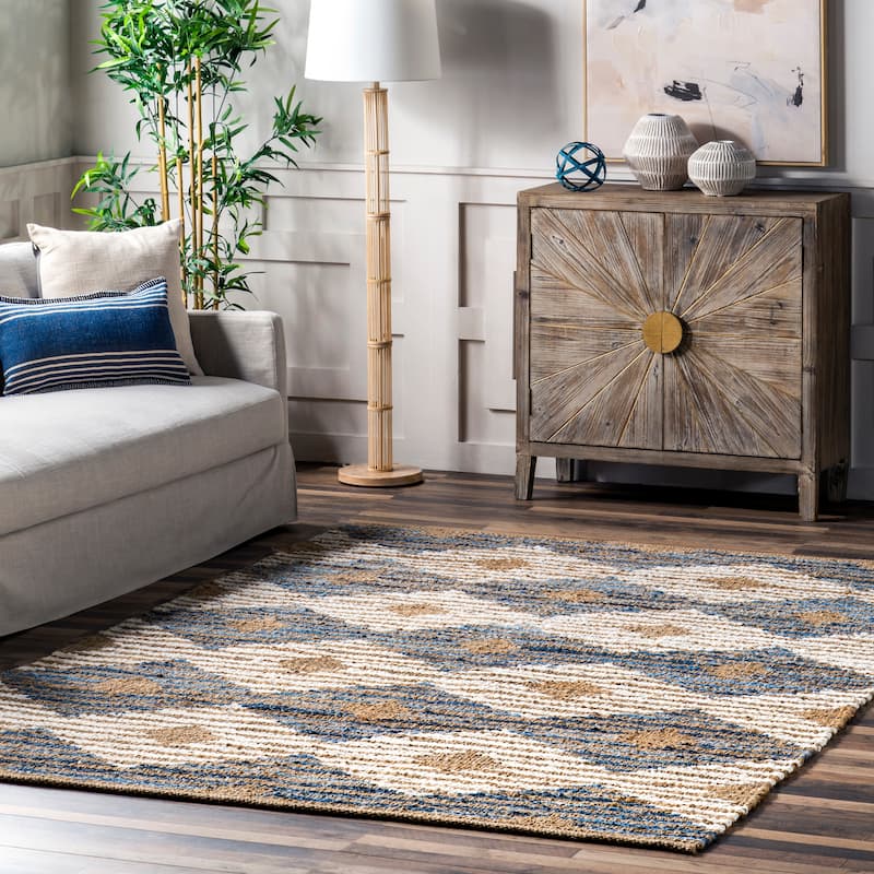 Nuloom Hand Braided Marla Denim And Jute Diamonds Area Rug - 4' x 6' - Ivory - Runner