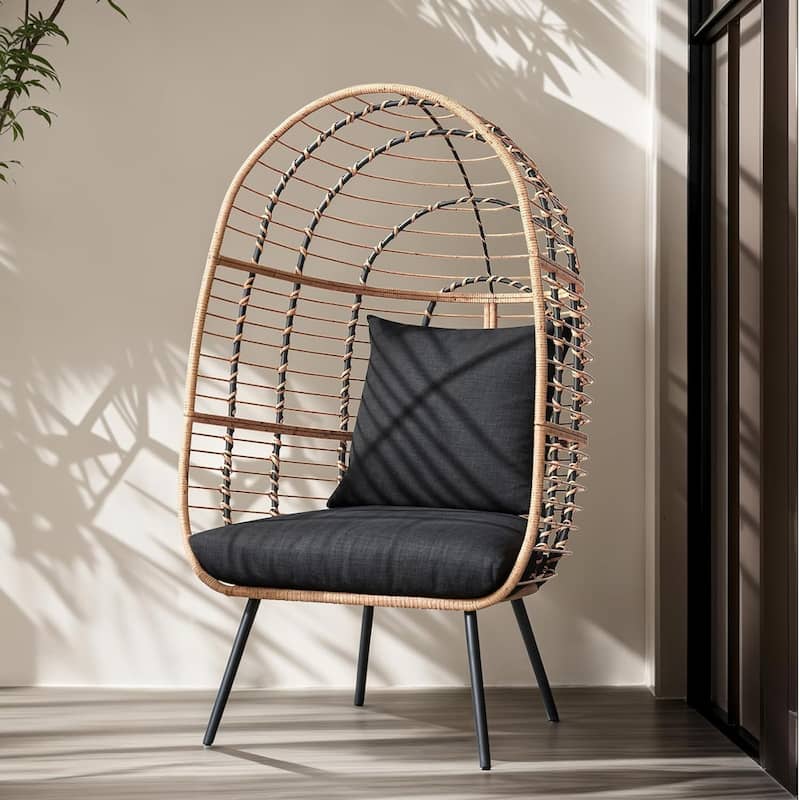 Egg Chair Outdoor, Patio Rotating Basket Chair, All-Weather Wicker Egg Lounger Chair for Outside Indoor - Black