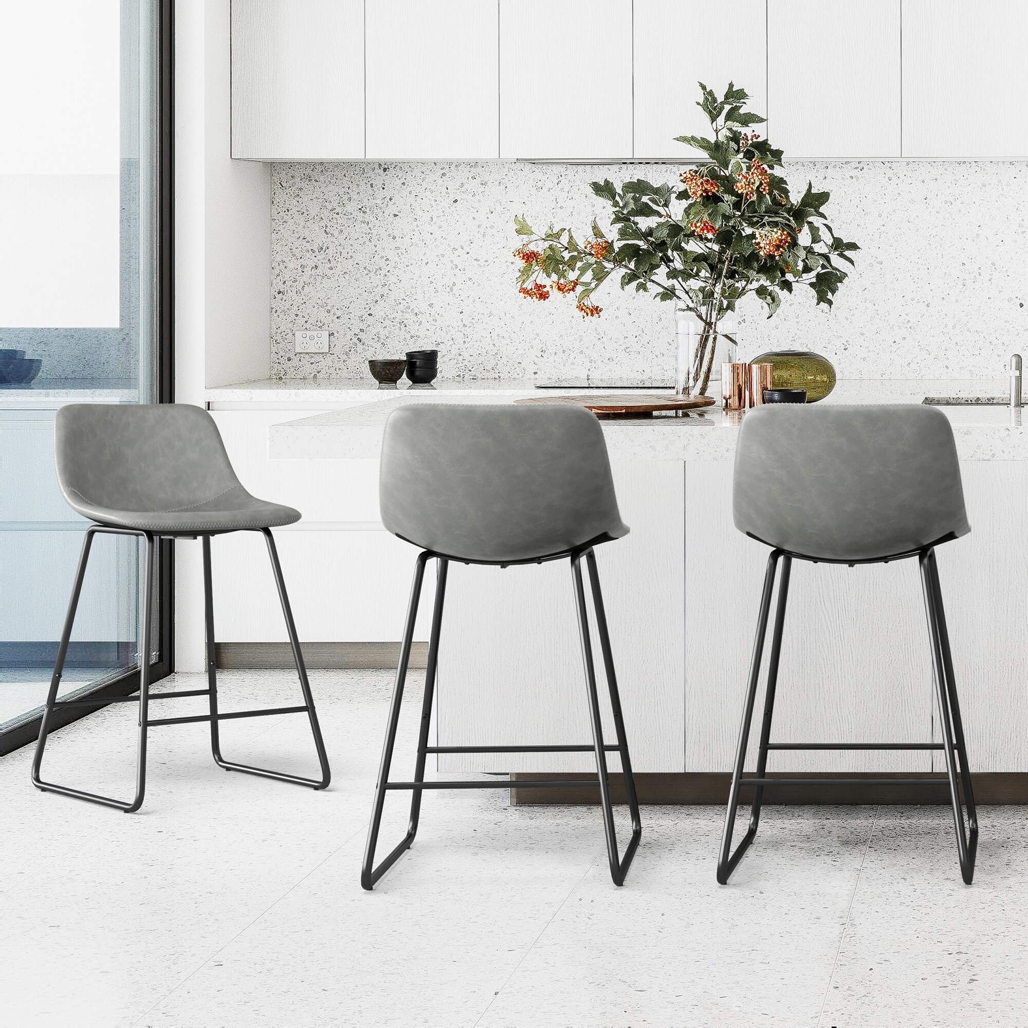 LUE BONA Modern Faux Leather Metal Frame Counter Height Bar Stools