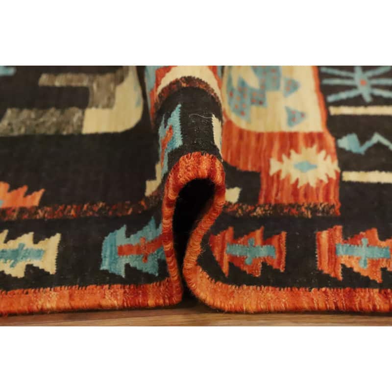 Hand Woven Oriental 100% Wool Carpet Southwestern Tribal Black Kilim Area Rug - 9' 8'' X 8' 1''