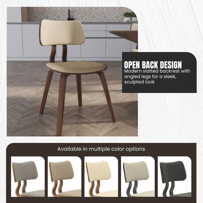 Clivo Leather Dining Chair with Open-Back and Poplar Wood Legs for Kitchen or Dining Room Set of 2