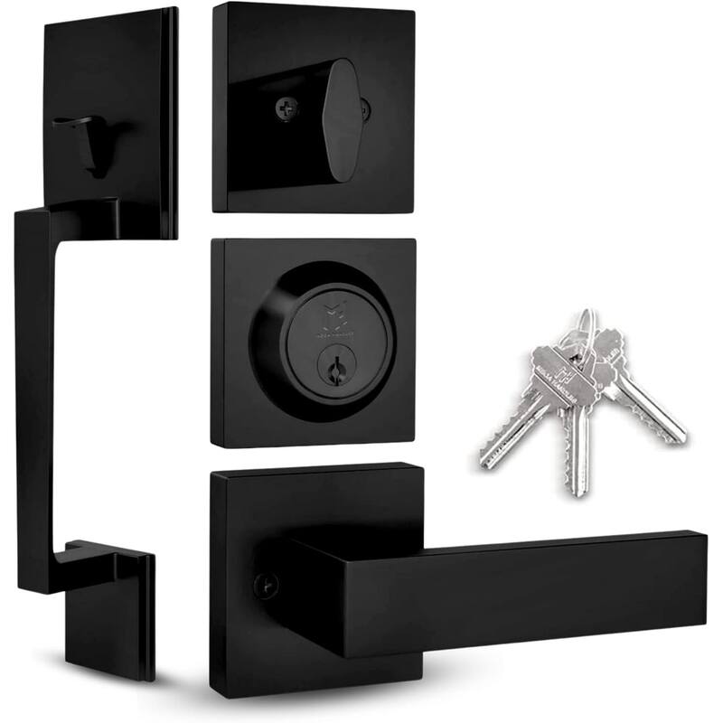 Mega Handles Tobelle Entrance Handleset with Interior Door Lever & Single Cylinder Deadbolt – Stainless Steel – Modern Design -  Entrance Lever and Single Cylinder Deadbolt Keyed Combo I Exterior and Interior|Matte Black - Square