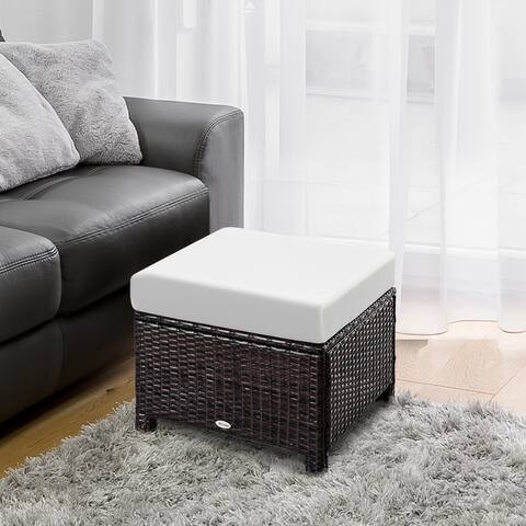Outsunny Patio Wicker Ottoman, Square Outdoor PE Rattan Footrest with Removable Cushion, Brown and Cream White
