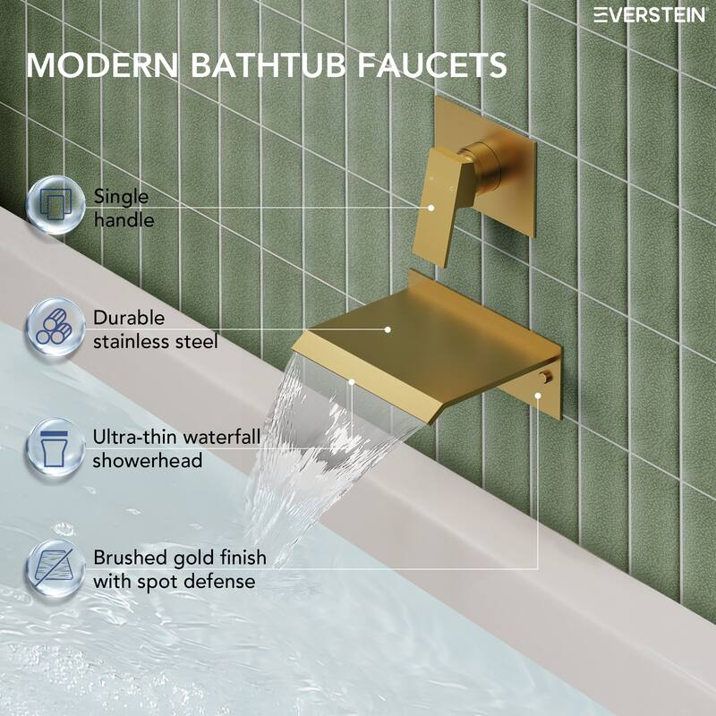 Single Handle Stainless Steel Wall Mount Waterfall Bathtub Faucet