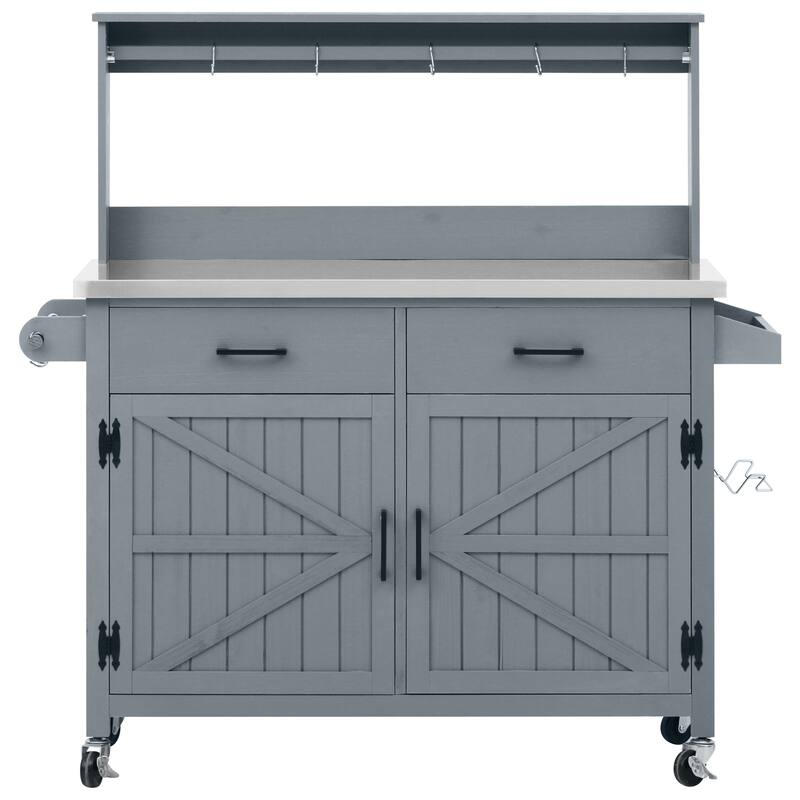 54.1" Outdoor Kitchen Island with High Shelf, Large Outdoor Potting Table with Top and Storage Cabinet, With Lockable Wheels