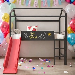 Twin Size Metal House Bed Loft Bed With Slide and Two-sided Writable Wooden Board,Solid Construction