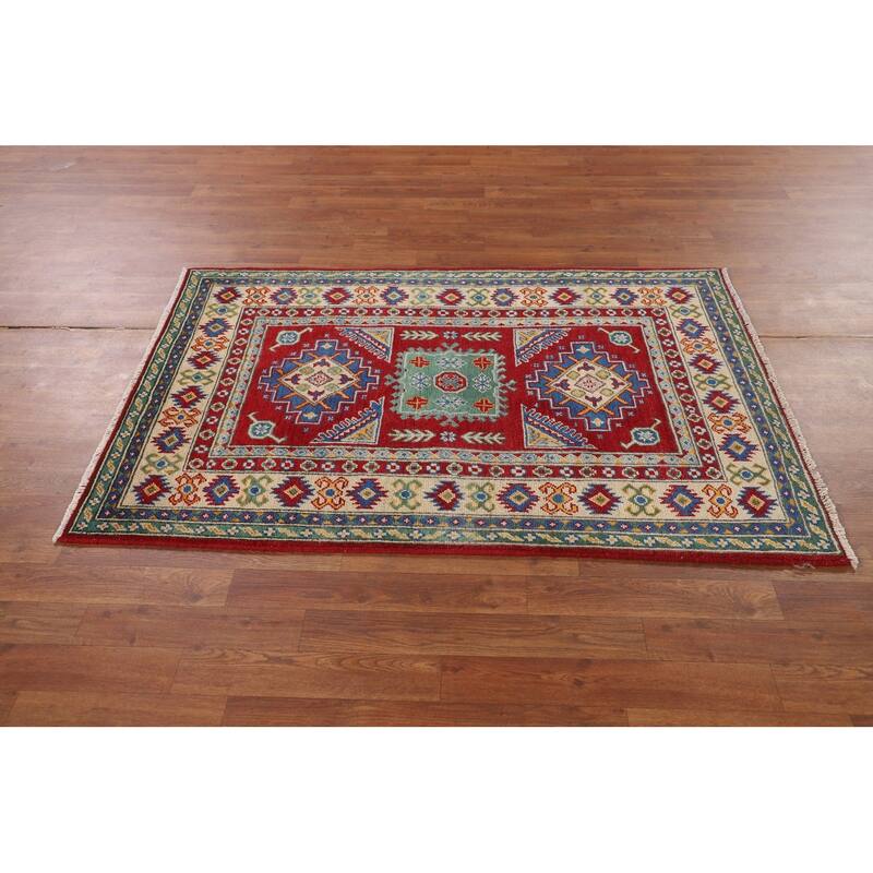 Red Geometric Kazak Oriental Foyer Rug Hand-Knotted Wool Carpet - 3'4" x 5'0"