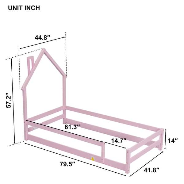 Twin Size Montessori Floor Bed with Fences, Modern Twin Kids Bed with House-shaped Headboard, Wood Twin Bed Frame for Girls,Boys